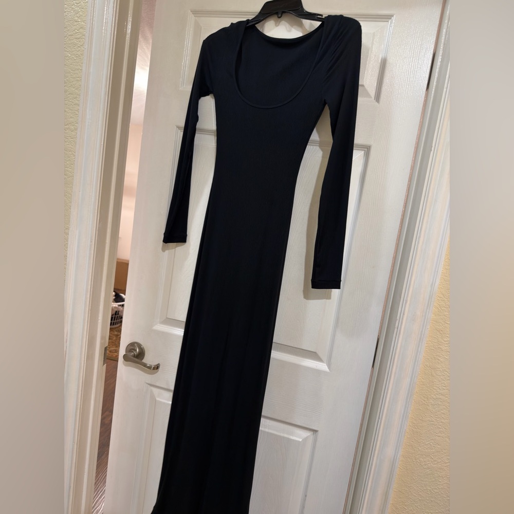 PUMIEY square neck long sleeve maxi dress ribbed bodycon soft lounge- S 4/6